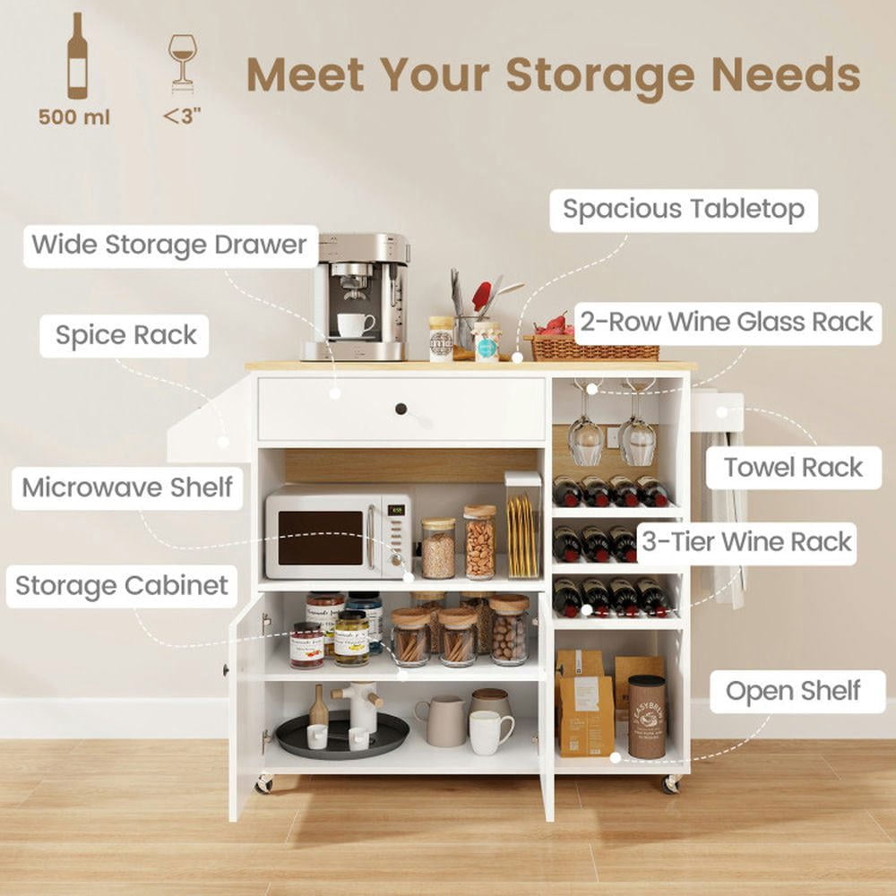 YYAo Kitchen Storage Island, Kitchen Cart,Drop Leaf Mobile Kitchen Island Cart with Power Outlet and Adjustable Shelf-White
