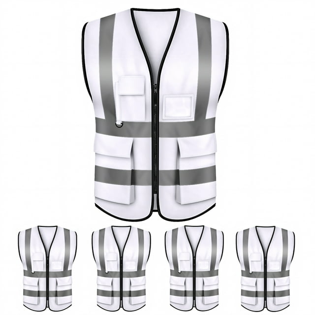 TOPTIE 5 Packs White Safety Vest, Incident Command Vest with 5 Pockets and High Visibility 2" Reflective Strips-White-L