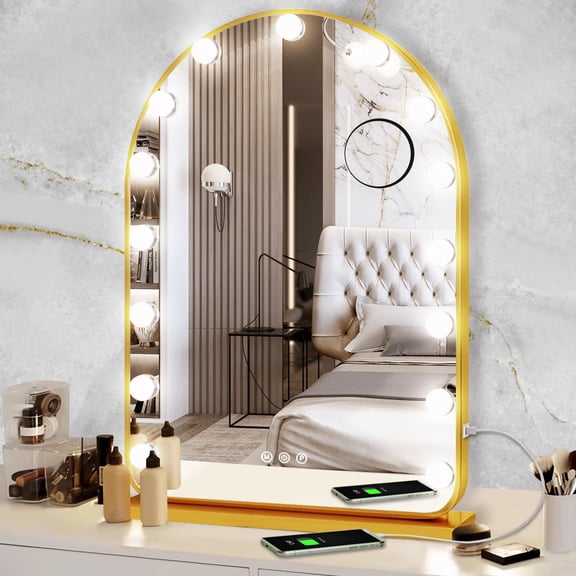 Hollywood Gold Arch Makeup Mirror with Lights for Vanity Desk Table Wall Detachable Base Stand X10 Magnifying Dimmable 3 Color Lights 15 Bulbs Gold Arch Hollywood Lighted Vanity Makeup Putting Mirror