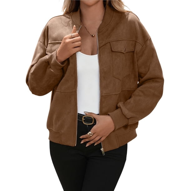 Chaqueta de Piel Sintética para Mujer, Estilo Universitario, Informal, con Cremallera Corta, Larga y Bolsillos. Marrón L