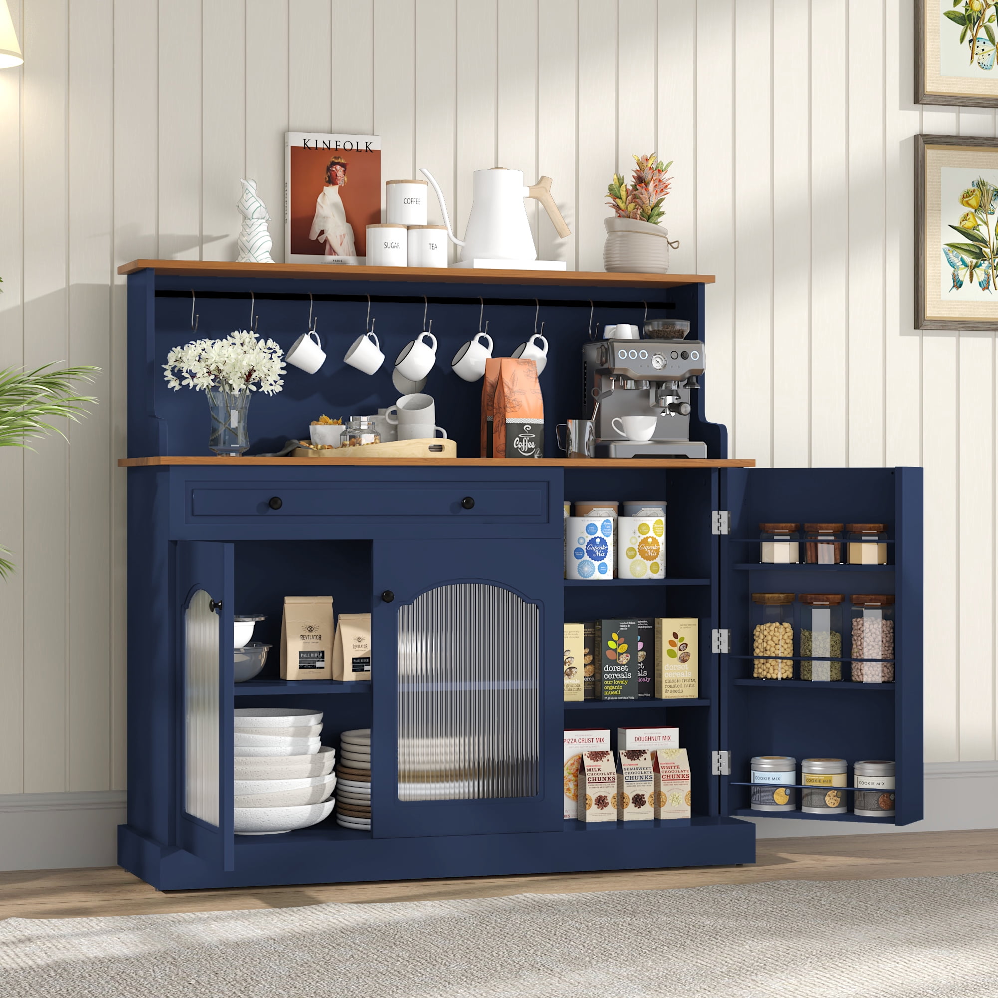 CBJCBJ 48" Modern Wood Kitchen Pantry Cabinet, Coffee Bar with Drawer & Microwave Stand, Dining Room,Blue