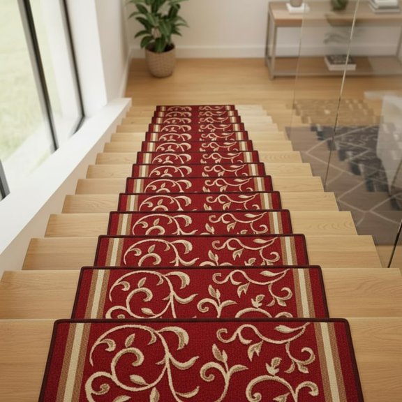 3PCS Non Slip Rubber Back Pet Friendly Floral Design Carpet Stair Treads Stairway mats RED)