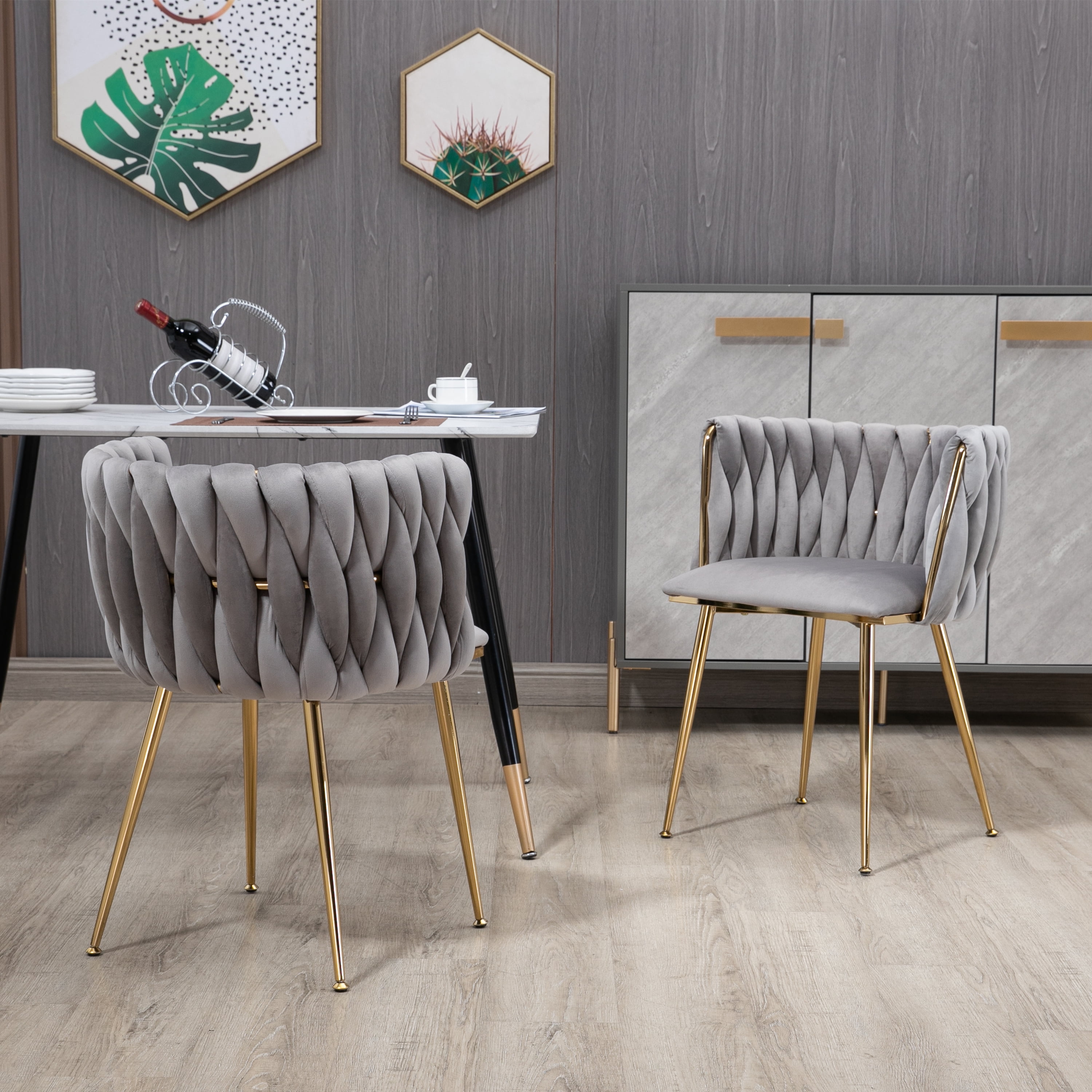 MOONMISS Modern Leisure Dining Chairs, Set of 2, Velvet Upholstered Accent Side Chair, Makeup Vanity Chair, Low-Back Accent Chair with Gold Metal Legs for Living Room Kitchen, Gray