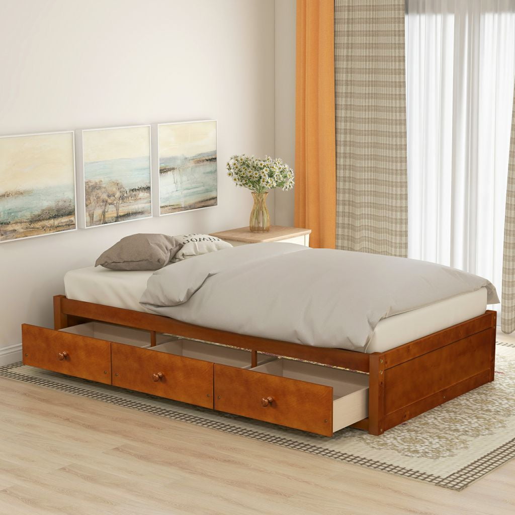 Solid Pine Wood Twin Bed with Storage,Twin Size Platform Storage Bed