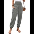 thumbnail image 2 of Pantalones de Trabajo Bohemios de Verano para Mujer, Informales, Plisados, Elásticos, de Cintura Alta, Anchos y con Bolsillos. Gris M, 2 of 9