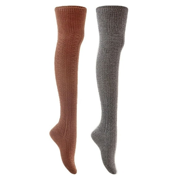 Lian Style Women's 2 Pairs Long Lasting, Colorful and Fancy Thigh High Over the Knee High Cotton Socks JMYP1025 Size 6-9 Coffee, Dark Grey