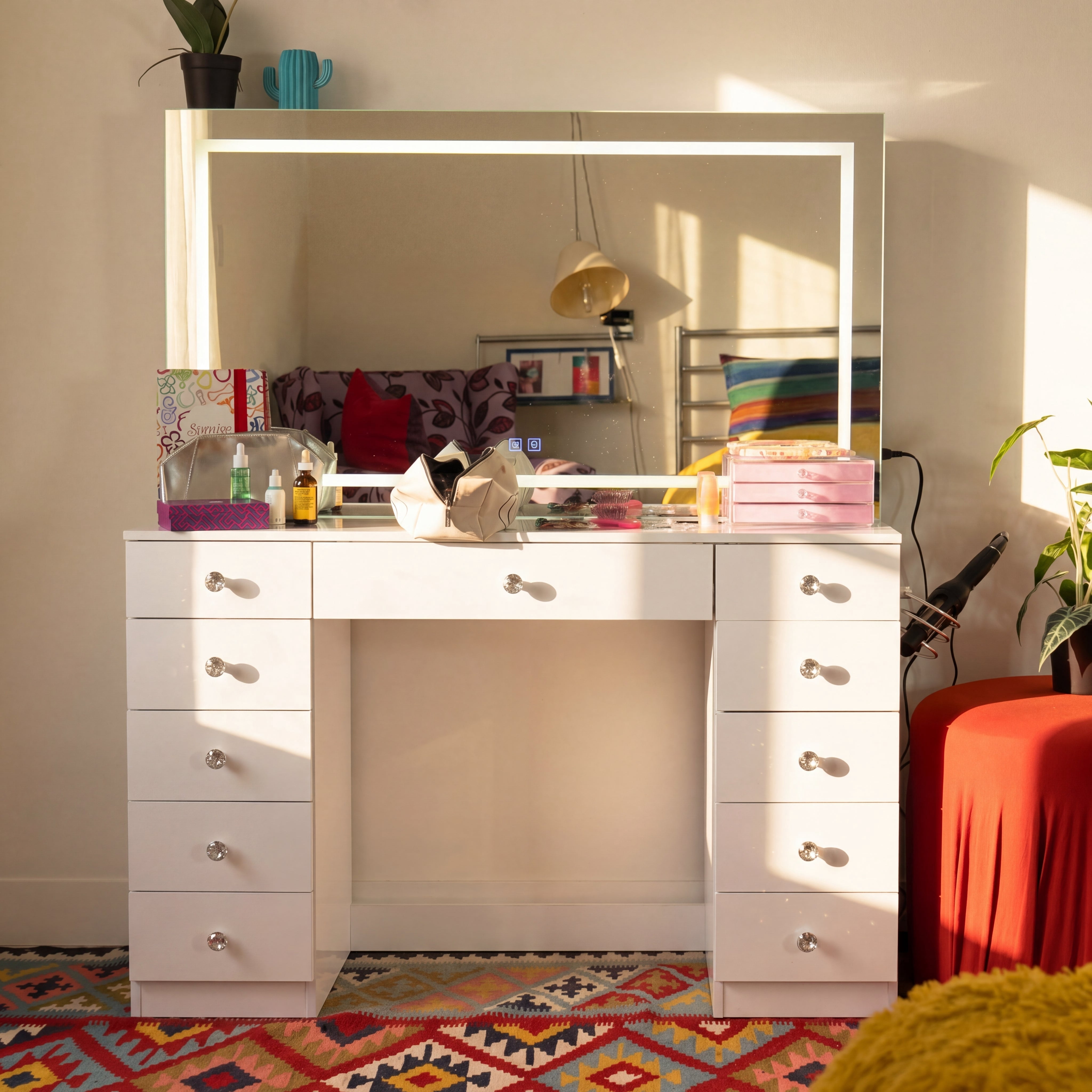 Boahaus Amelia Vanity Desk with Mirror and Lights – 11 Drawer Makeup Vanity Table with Storage, Power Outlet and Speakers