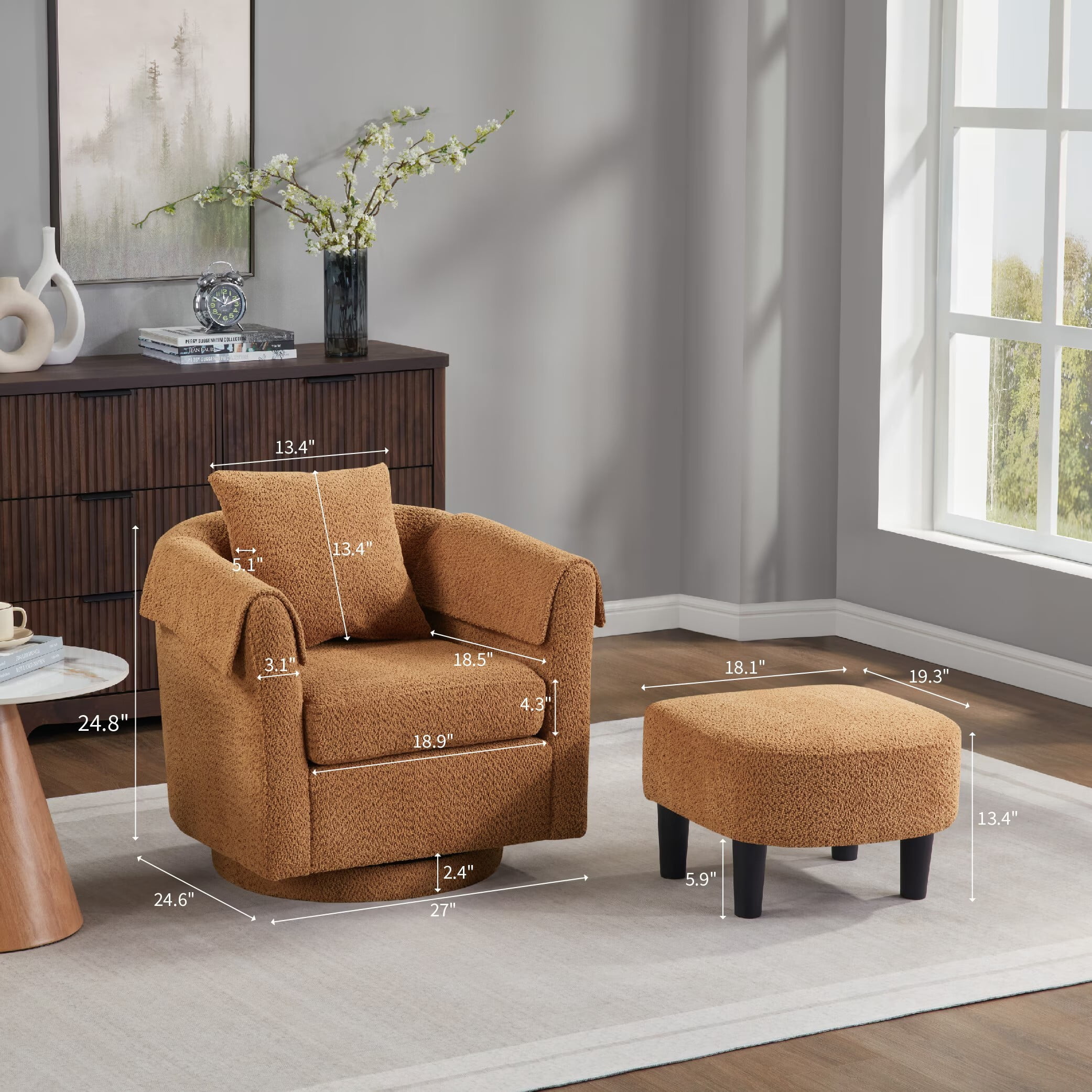 Avobird Living Room Chair With Ottoman Set, Chenille Barrel Armchair with Removable Back Pillow & 2 Armrest Covers, Brown