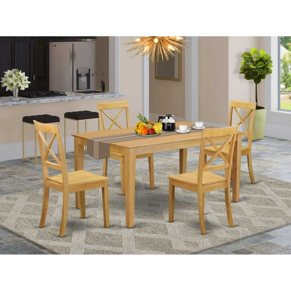 East West Furniture Capri 5-piece Dining Set with Wood Seat in Oak