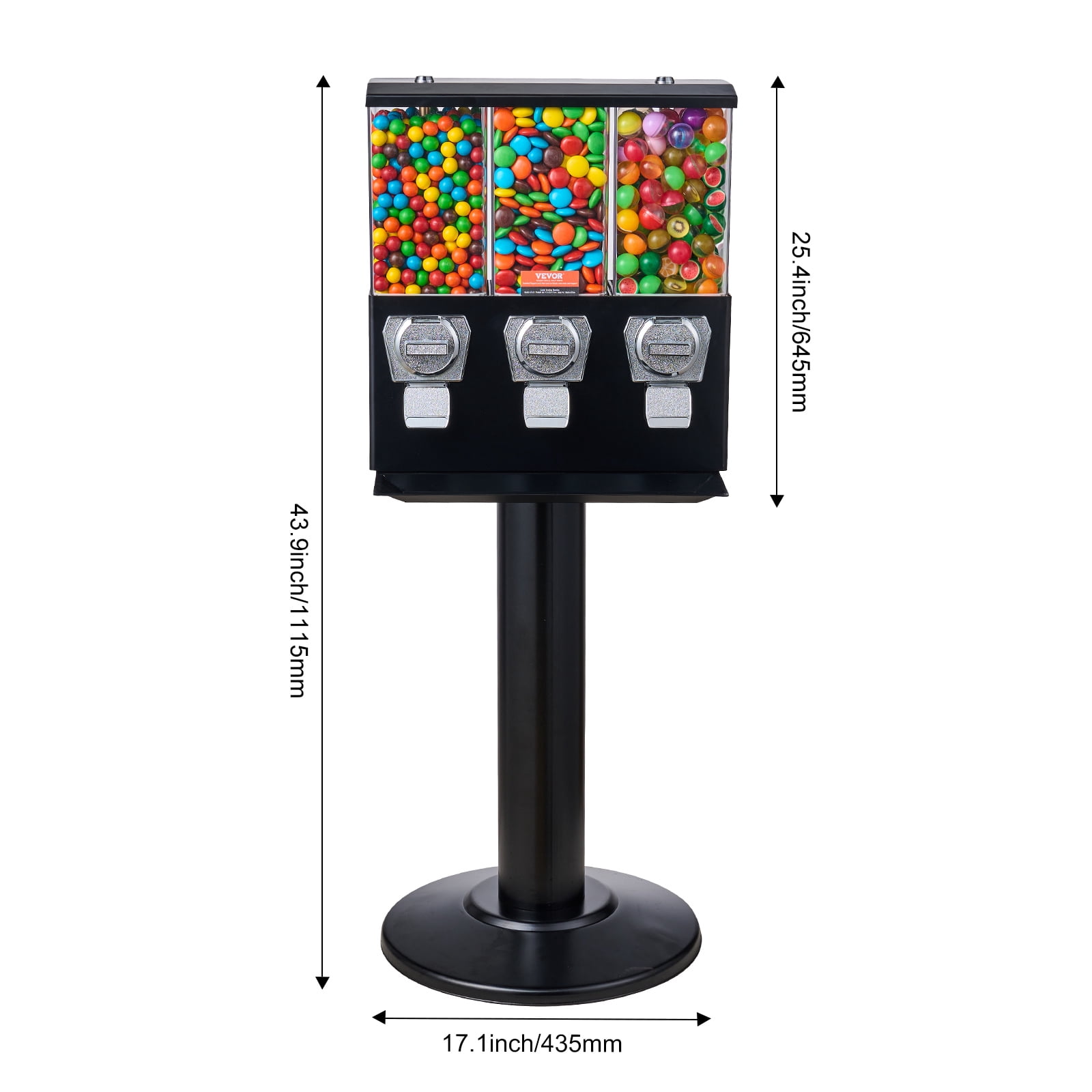 VEVOR Commercial Vending Machine, Triple Compartment Candy Dispenser with Iron Stand, Gumball and Candy Machine for Business,Coin Operated Gumball Bank for Toy Capsules Bouncy Balls Candy Nut,Black