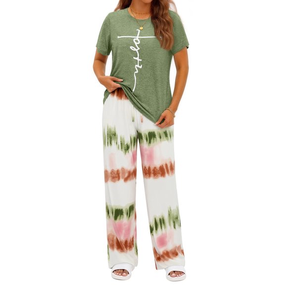 Fantaslook Womens Pajamas Sets Crewneck Short Sleeve Printed 2 Piece Outfits Set Tie Dye Casual Loungewear with Pockets