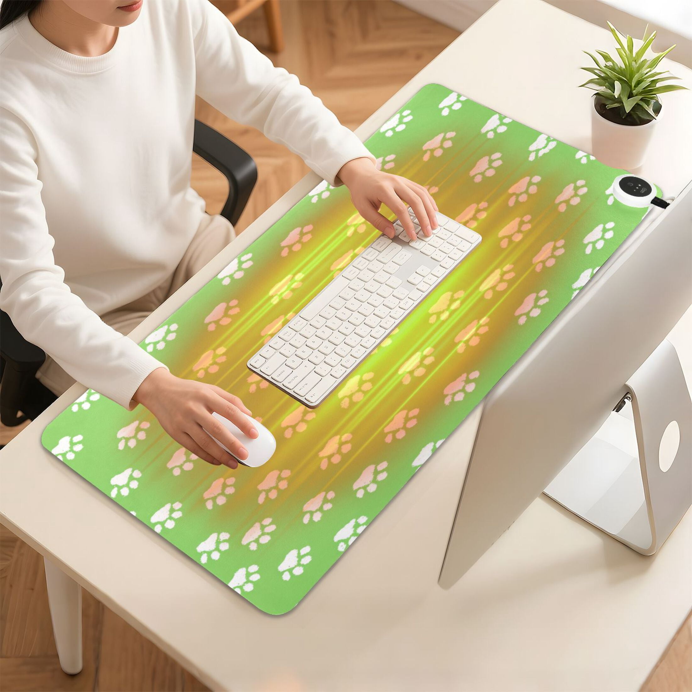 Large Heated Desk Mat Mouse Pad 31.5"x13"PU Leather Graphene Heating Desk Warmer with 3 Temperature Settings 110V US Plug Non-Slip Warm Pad for Home, Office, and Gaming Green Paw Print Pattern