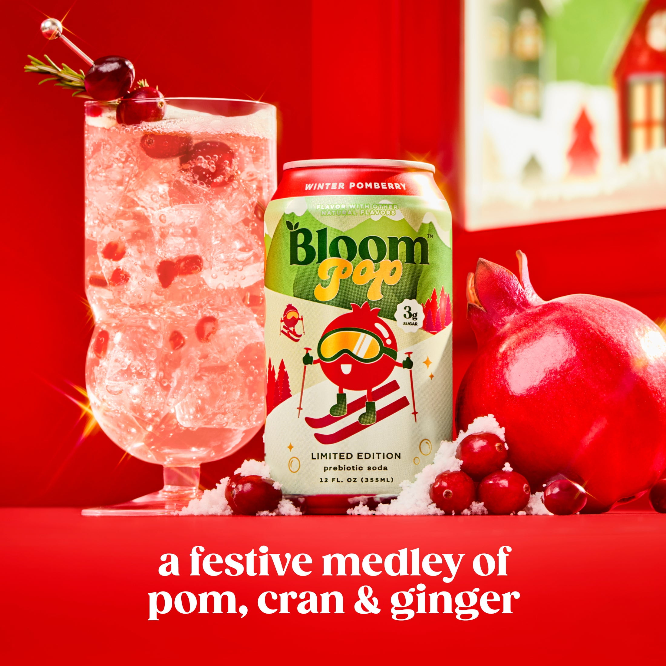 (12 pack) Bloom Nutrition Pop Prebiotic Soda, Winter Pomberry Limited Edition, 12 fl oz, Can