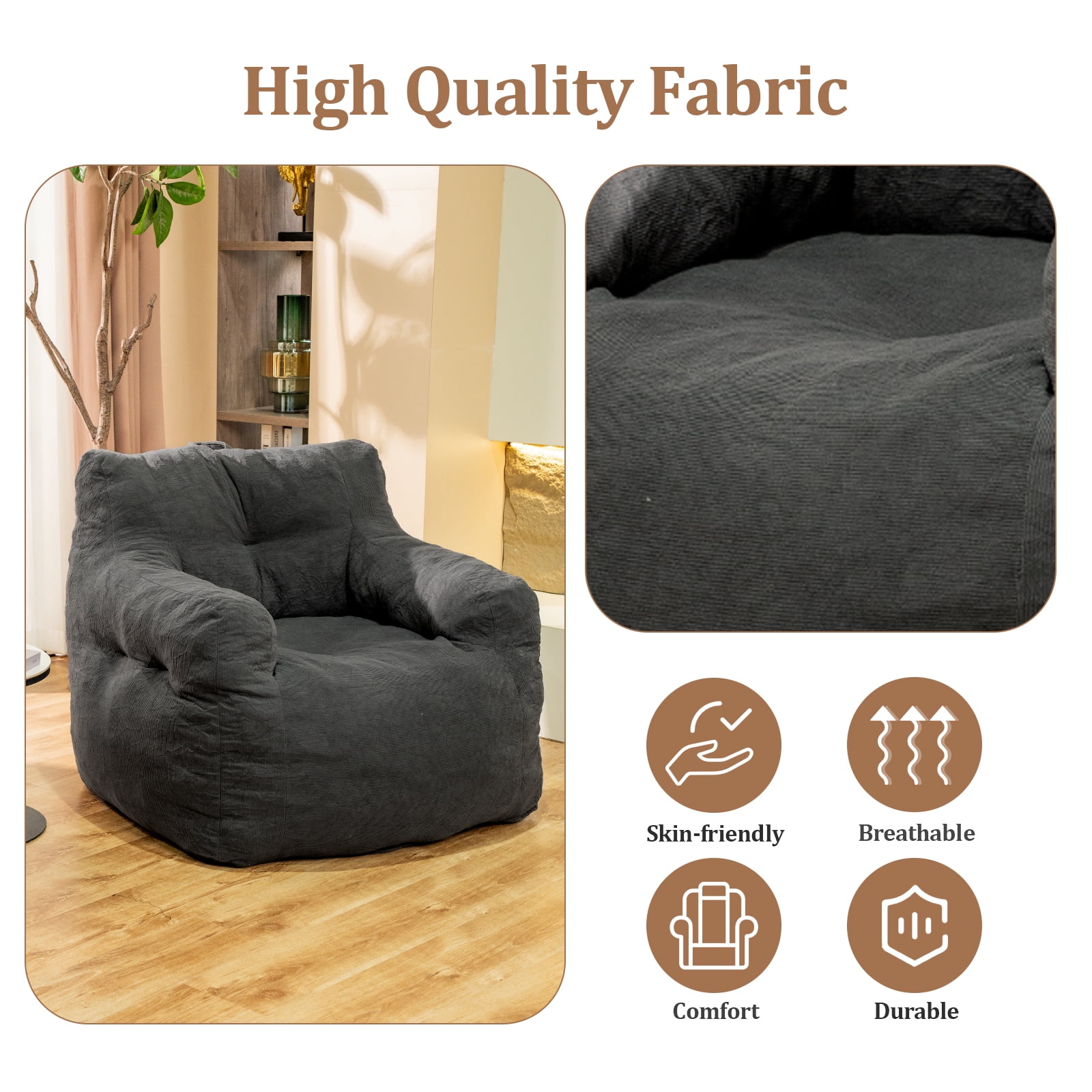 MIERES Bean Bag Chair for Adult Small Bean Bag Chairs with Arms Furry Beanbag Chair with Foam Filler Stuffed Bean Bag Sofa for Reading in Bedroom Living Room and Dorms (Gray)