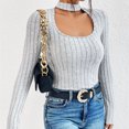 thumbnail image 3 of STETMN Women's Long Sleeve Tops Choker Neck Cutout Front Sexy Blouse Fall Slim Fit Stripe Tee Shirts, 3 of 8