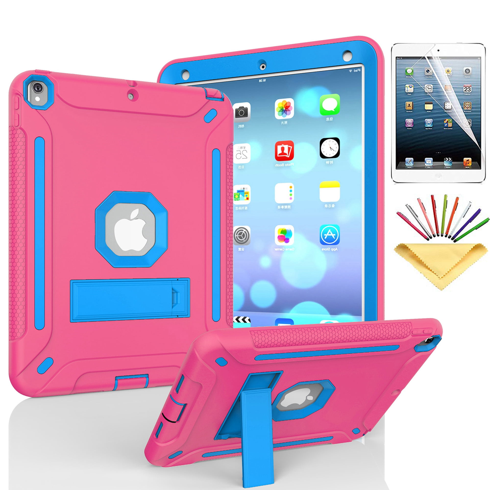 iPad Air 2 Case with Soft Screen Protector, Dteck Heavy Duty Shockproof Three Layer Plastic and Silicone Protective Cover with Kickstand For Apple iPad Air 2 (A1566/A1567), Rose/Blue