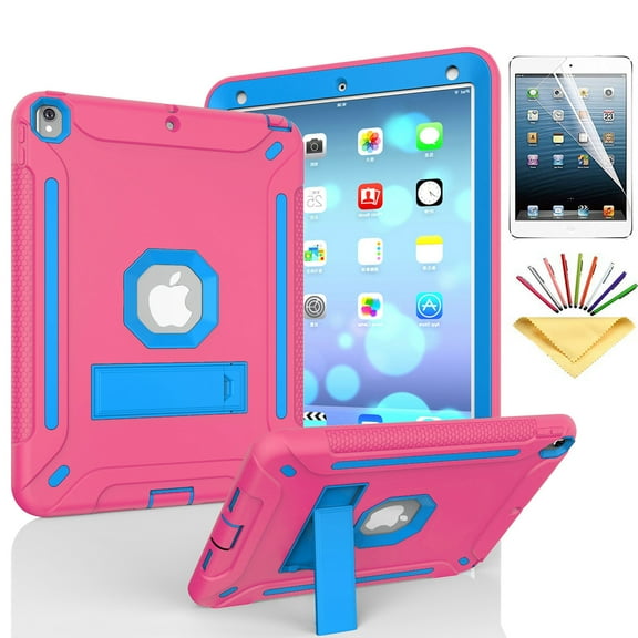 iPad Air 2 Case with Soft Screen Protector, Dteck Heavy Duty Shockproof Three Layer Plastic and Silicone Protective Cover with Kickstand For Apple iPad Air 2 (A1566/A1567), Rose/Blue