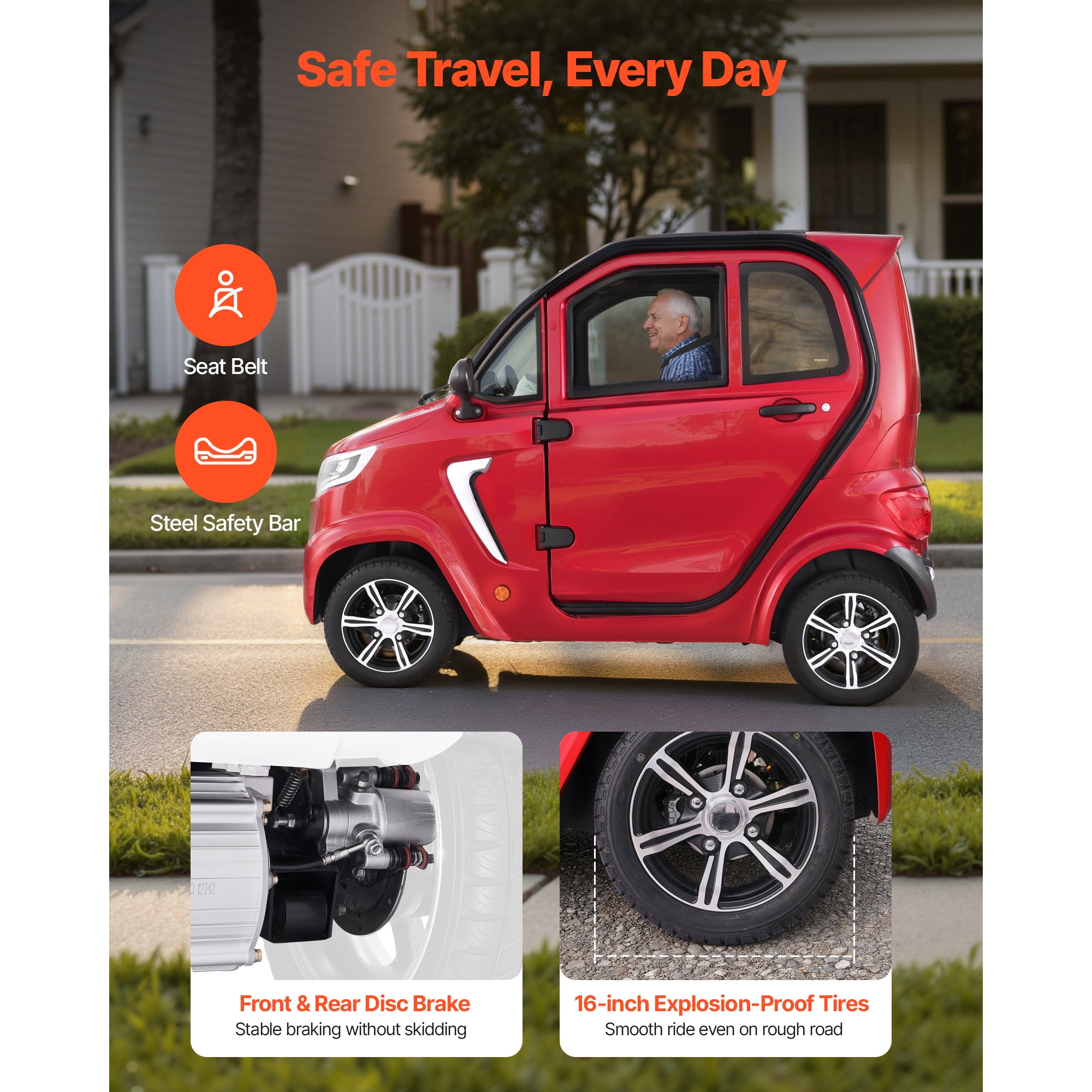 KFFKFF 4-Wheel Enclosed Electric Mobility Scooter for Adults and Seniors, 660 lbs Capacity, 3-Seater Recreational Vehicle with 45-Mile Range, Remote Unlock, and All-Terrain Design for Travel