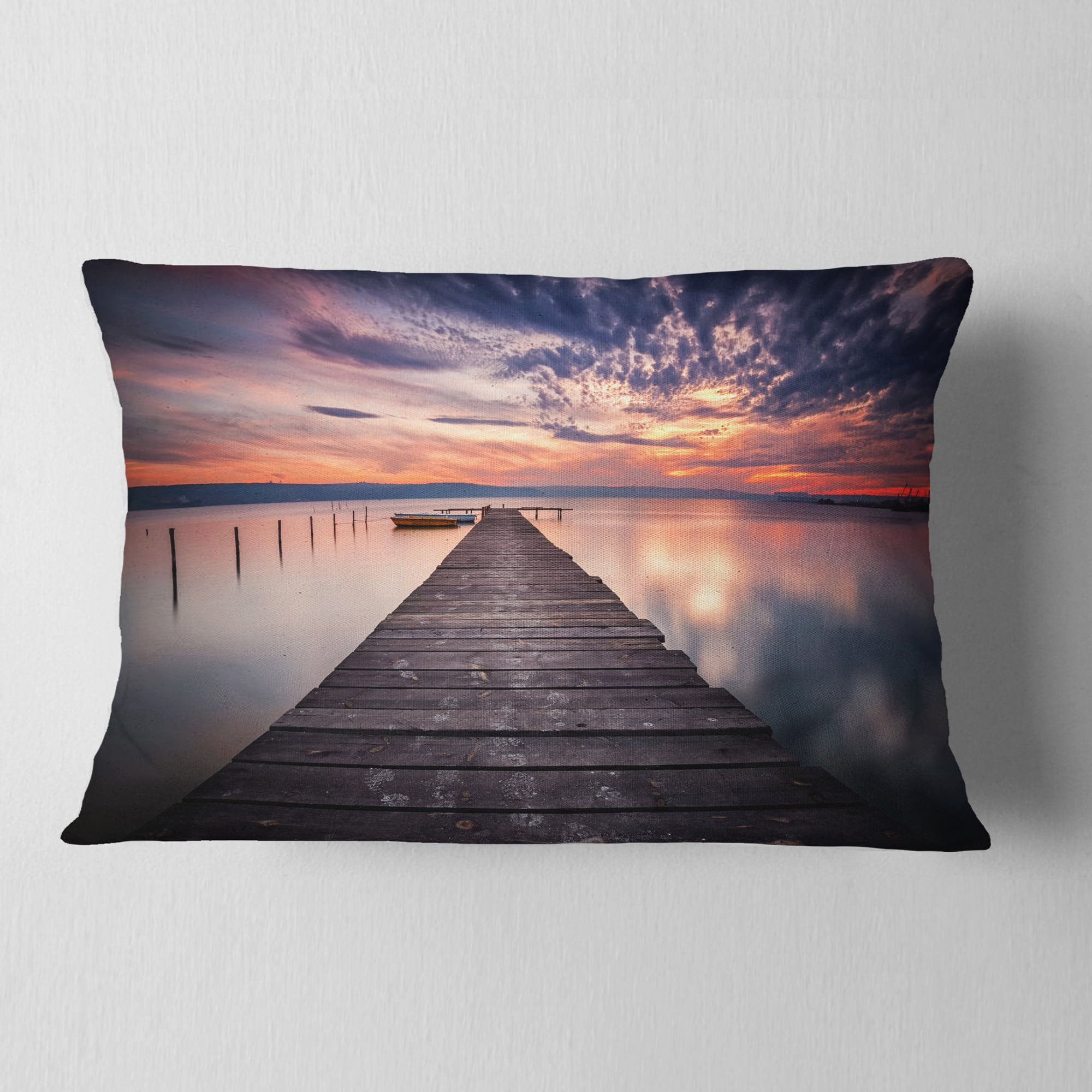 Designart Colorful Sunset Over Lake - Landscape Photography Throw Pillow - 12x20