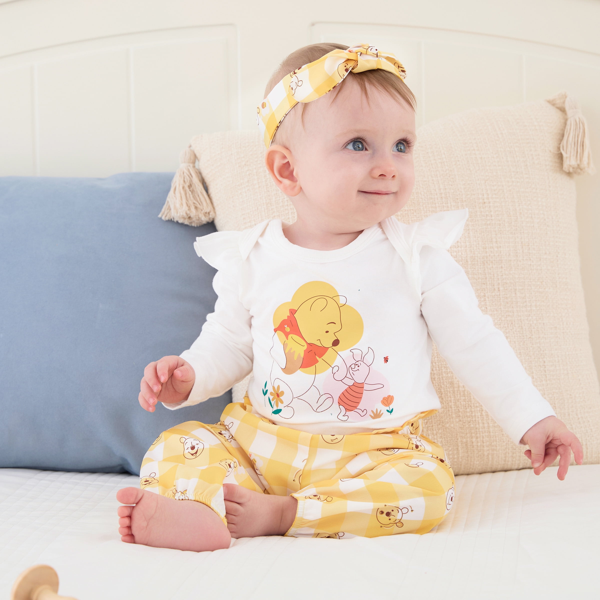 Disney Baby Clothes 3pcs Winnie the Pooh Graphic Romper Bodysuit Pants Outfit Set with Headband Shower Gifts Newborn Infant