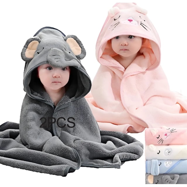 2pcs Toalla De Baño Bebé Con Capucha Animales Manta Suave Modelo Gris y Rosa