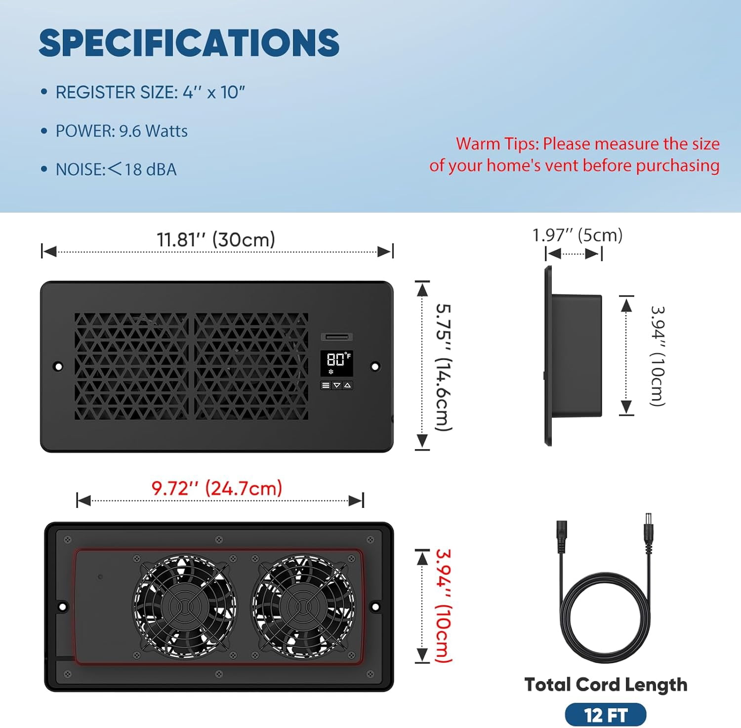 Nordic Hygge Register Booster Fan for 4" x 10" Register Holes with Remote Control and Thermostat, Black
