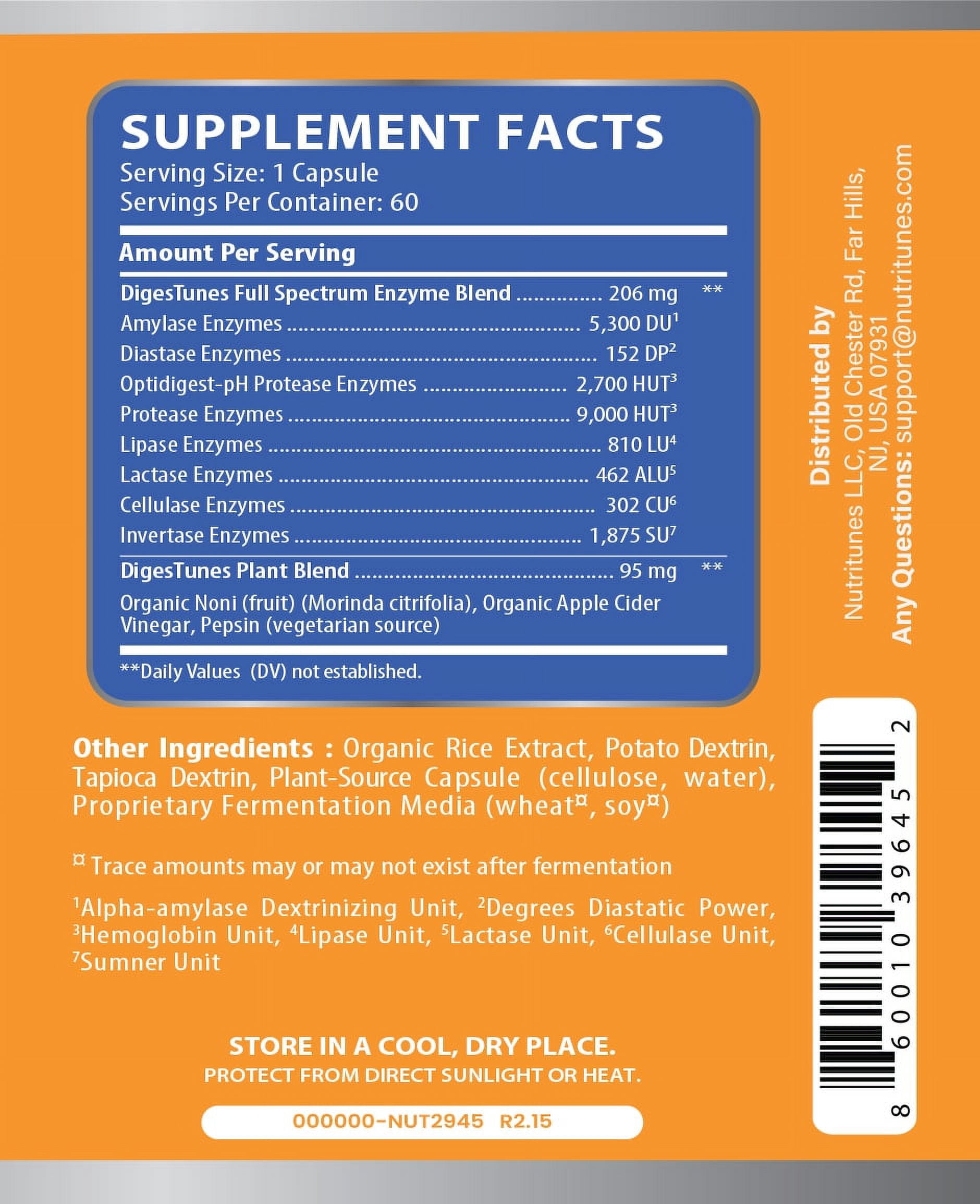 Nutritunes Vegan DigesTunes (60 Capsules) | Premium Digestive Enzymes Helps Digest Carbs, Fats, Proteins, & Lactose - Non-GMO, GMP-Certified, and Allergen Free