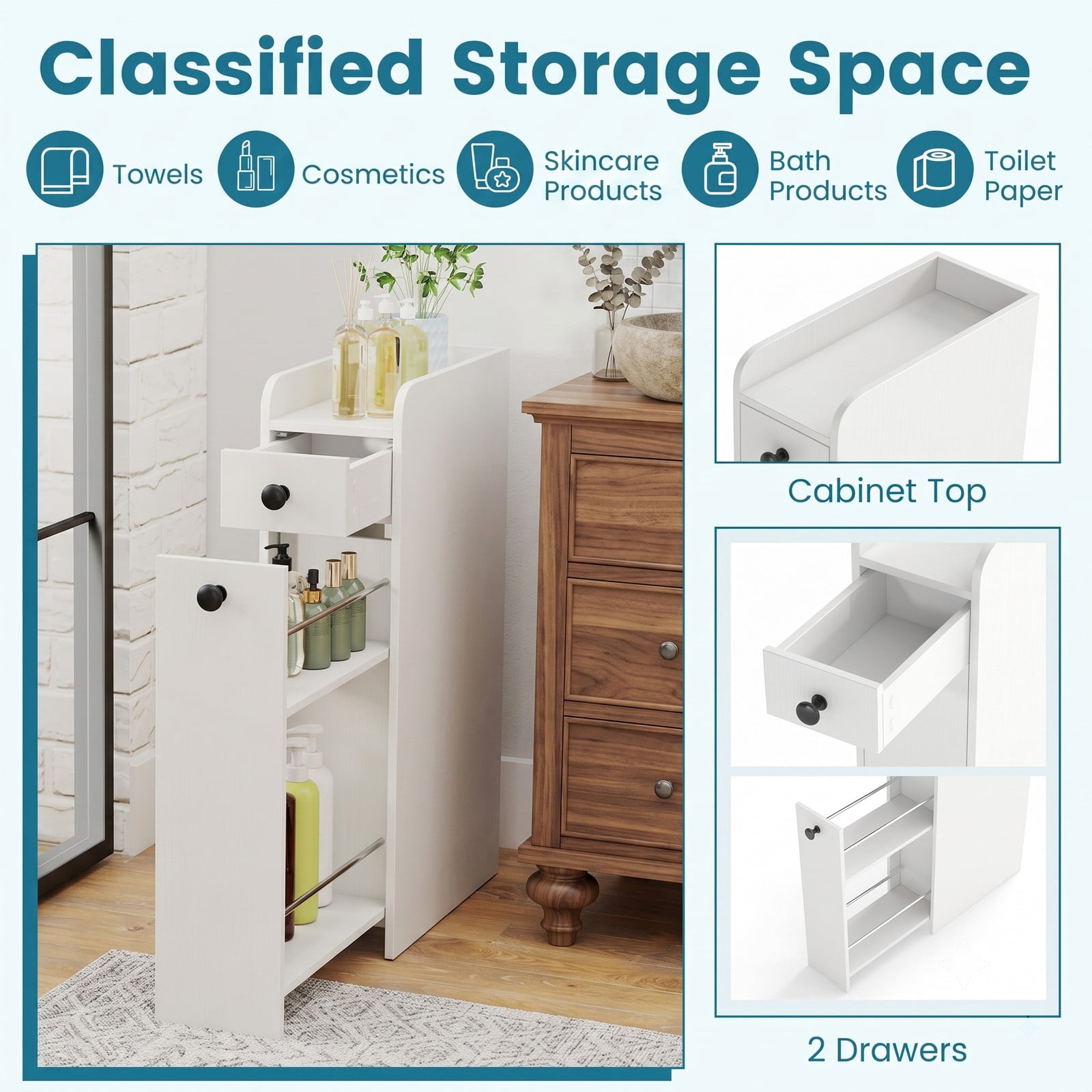Fenbeli Small Bathroom Storage Cabinet, 4-Tier Narrow Slim Organizer with 3 Slide Out Drawers on Casters, Freestanding Rolling Storage Tower for Bathroom, White