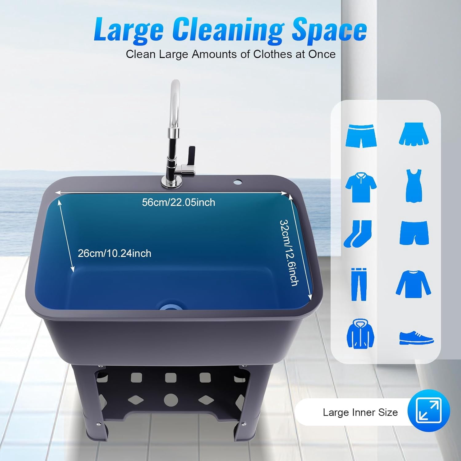 Laundry Sink Freestanding Plastic Utility Sink W/Storage Shelf Faucet Drain Kit For Laundry Room, Bathroom, Farmhouse