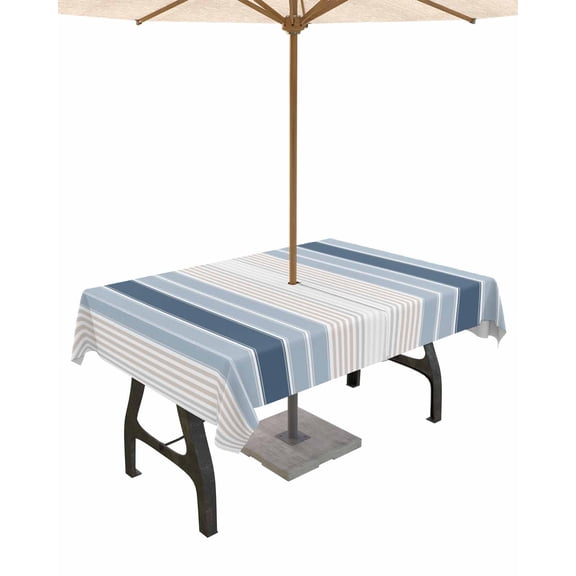 Hokiten Outdoor Tablecloths with Umbrella Hole & Zipper, Grey Blue Vertical Stripes 54x80 Inch Tablecloth Rectangle, Modern Minimalist Abstract Waterproof Table Cloth, Patio/Pool/Picnic Table Covers