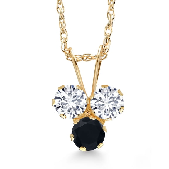 Gem Stone King 14K Yellow Gold White Lab Grown Diamond and Black Onyx 3-Stone Pendant Necklace for Women (0.30 Cttw, Gemstone April Birthstone, Round 3MM, 18 inch Chain)