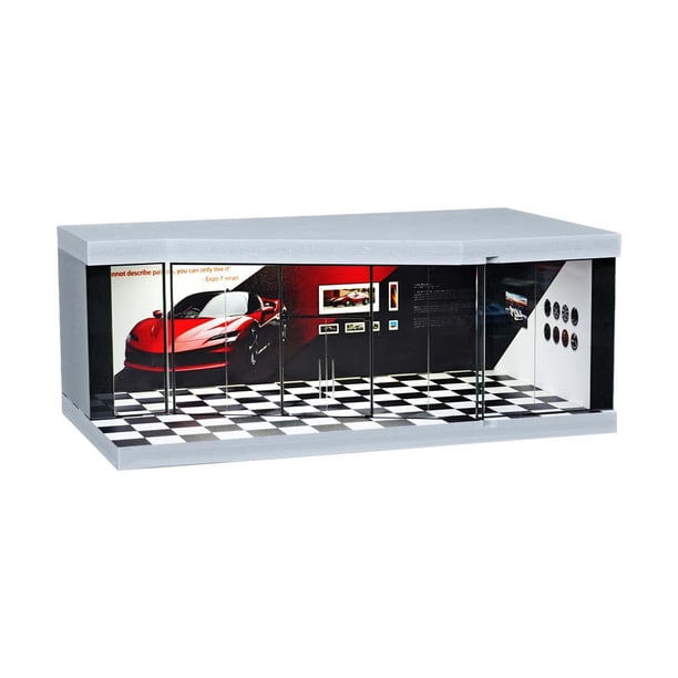 Vitrina de garaje a escala 1:64, escena de vehículos, diorama de exhibición de juguetes para modelos de coches de muñecas. Cuadrícula en blanco y negro