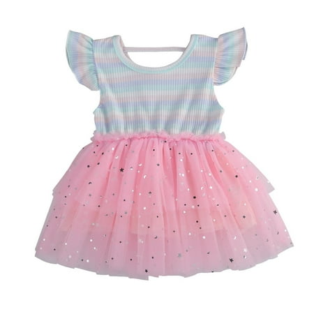 Little Girls Dress, Rainbow Striped Pattern Round Neck Mesh Multi-Layer ...