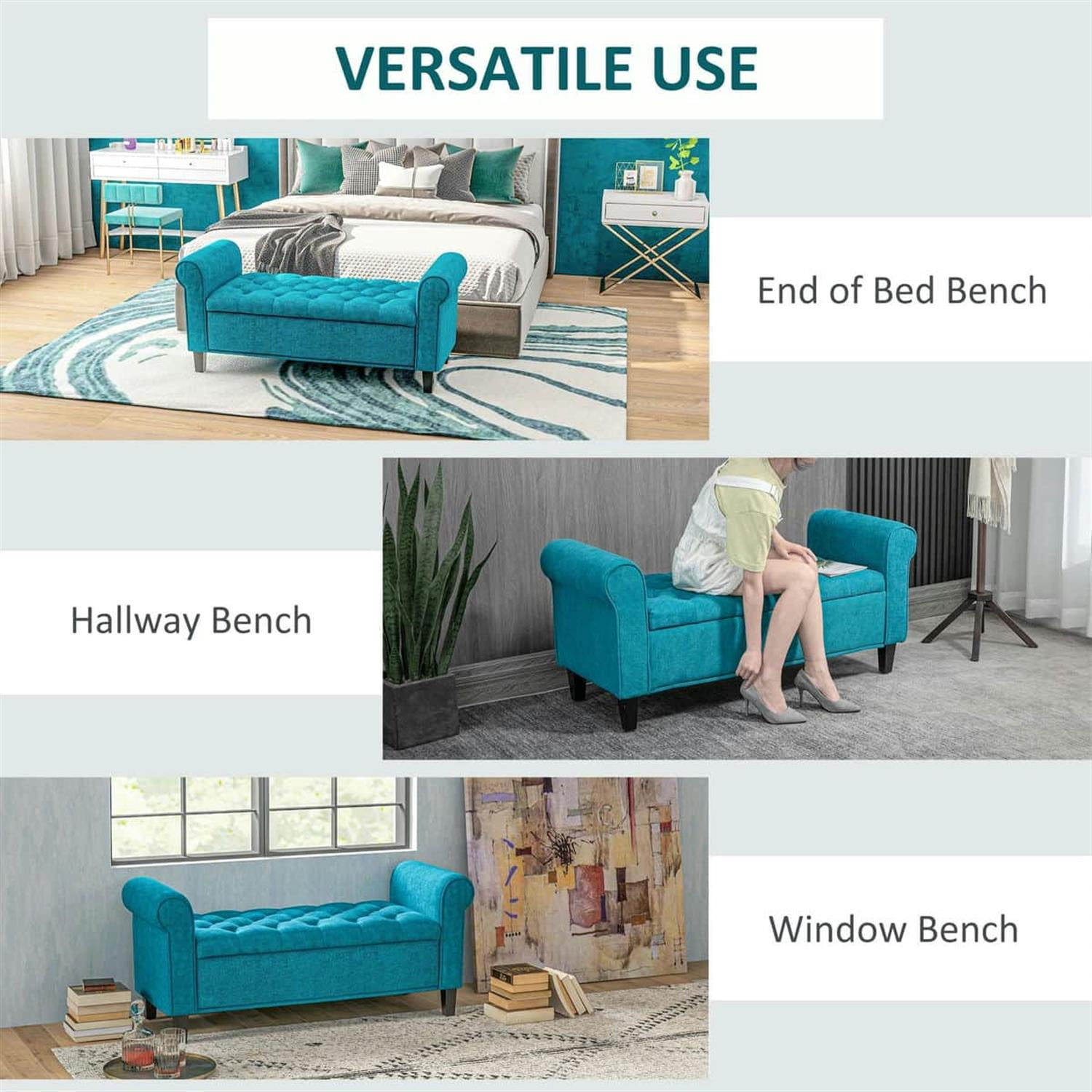 Demi Bonn 22" Storage Ottoman, Cozy Footrest End of Bed Bench with Rolled Arms, Wooden Legs, Tufted Bench, Bedside Bench, Blue