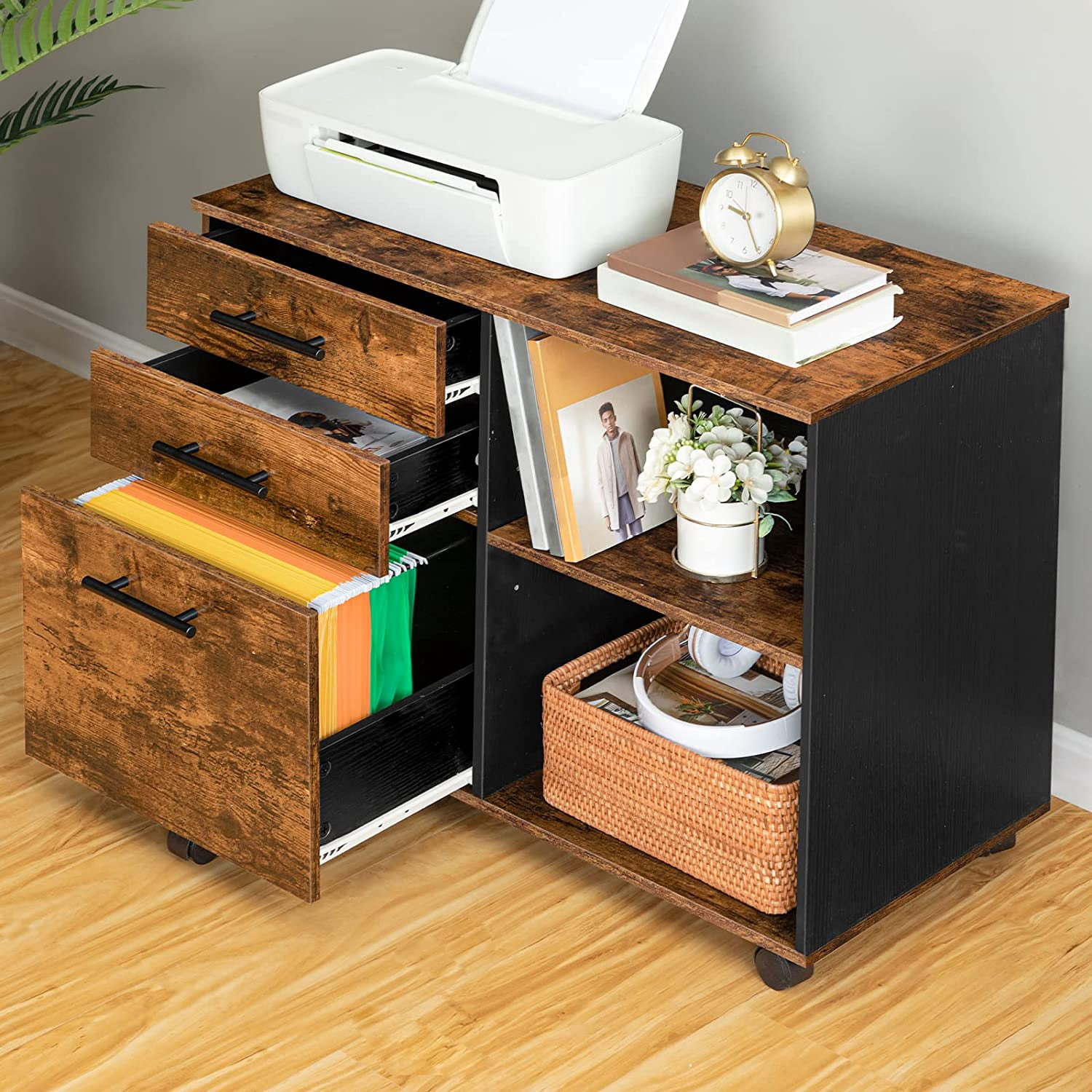 HOOBRO Lateral File Cabinet with Charging Station, 3 Drawers, Printer Stand & Hanging Files, Black