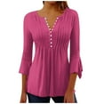 thumbnail image 3 of BiZtdJrK V Neck Button Up Top for Women Pleated Front 3/4 Bell Sleeve Casual Tunics Loose Fit Business Work Tunic Tops Summer Savings Hot Pink S, 3 of 6