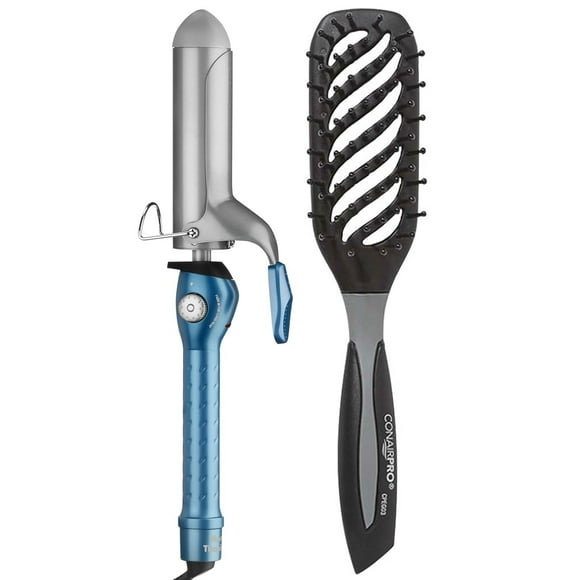 Babyliss Pro Nano Titanium Spring Curling Iron 1" up to 450° + Conair Pro Ergo-Grip Vented Brush Collection Ergonomically Designed for Blow Drying