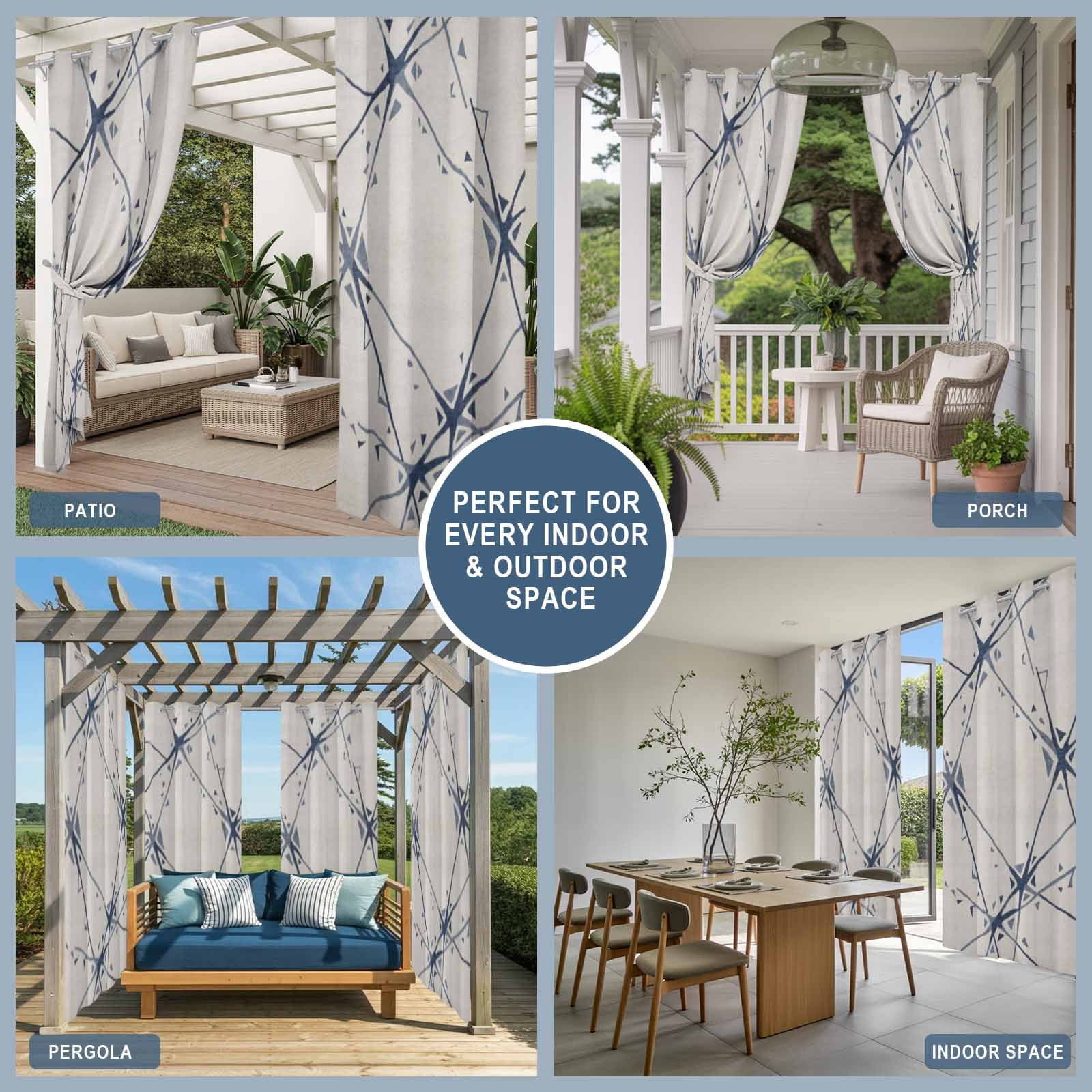 Abstract Geometric Outdoor Curtains for Patio, Navy Blue Splatter Lines Fragmented Crystal Style Sunshade Privacy Drapes Grommet Waterproof Outside Curtains for Porch Balcony 54"x 108", 1 Panel