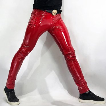 Men's Black Faux Leather Pants – Stretch Wet Look PU Leggings, Slim Fit, Zip Fly, Elastic Waist