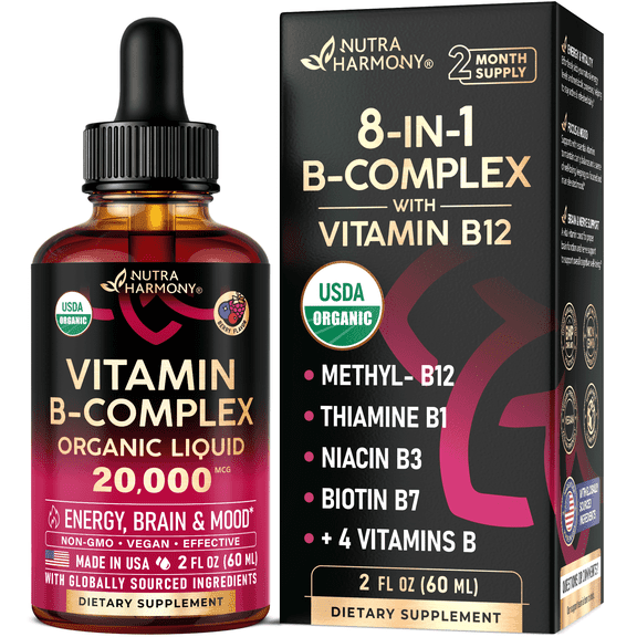 USDA Organic Vitamin B-Complex 20000mcg - B5, B12, B1, B6, B7, B9, B3 - 2Oz NUTRAHARMONY