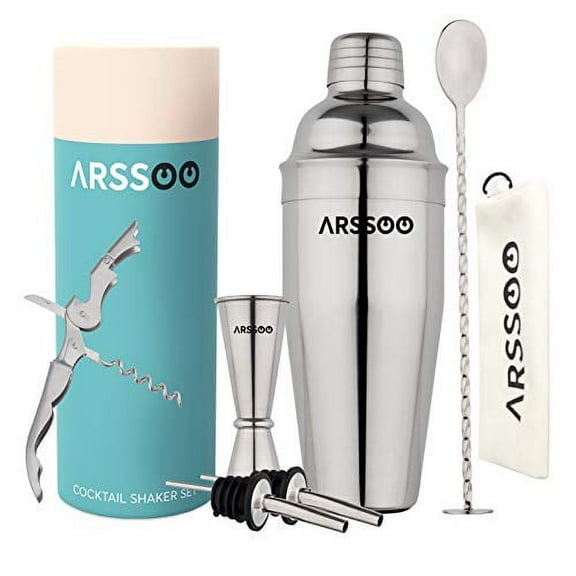 Cocktail Shaker Set: 7-Piece Stainless Steel 25.3OZ Martini Shaker Mixology Bartender Kit | Perfect Home Professional Bar Tools for Beginner's Drink Mixing & Gifts | ARSSOO Drink Shaker Gift (Silver)