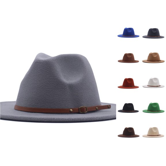 LiuXxxx Womens Fedora Panama Wool Classic Belt Buckle Floppy Wide Baseball Caps Hat Stylish Sun Headwear Grey