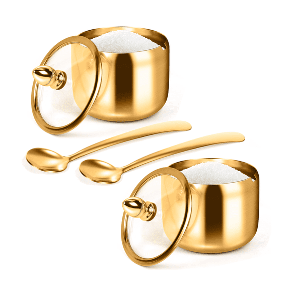 Coffee bar Accessories - Stainless Steel Sugar Bowl and Milk Frothing Pitcher Set with Lid and Spoonfor Coffee Bar (Gold)