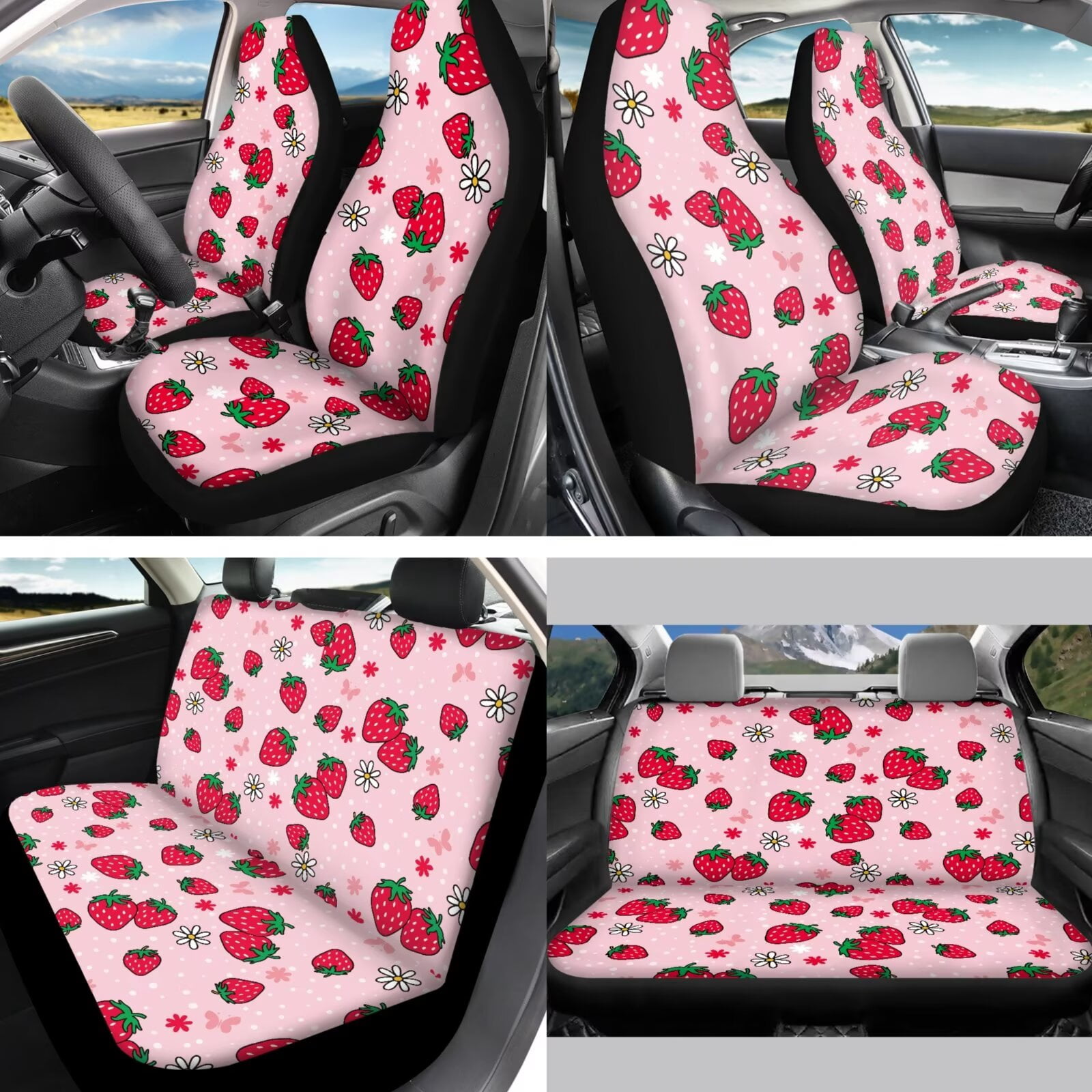 Jeiento Cute 13 Piece Car Seat Cover Set with Steering Wheel Cover Seatbelt Strap Pad Armrest Pad Cup Coasters Key Chain Pink Strawberry Automobile Interior Sets Fit for Van Truck SUV Sedan