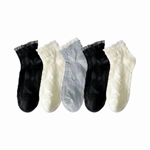 Eryueer Women Ruffle Frilly Lace Trim Ankle Socks Heart Pattern Textured Casual Cute Low Cut Socks 5 Pairs