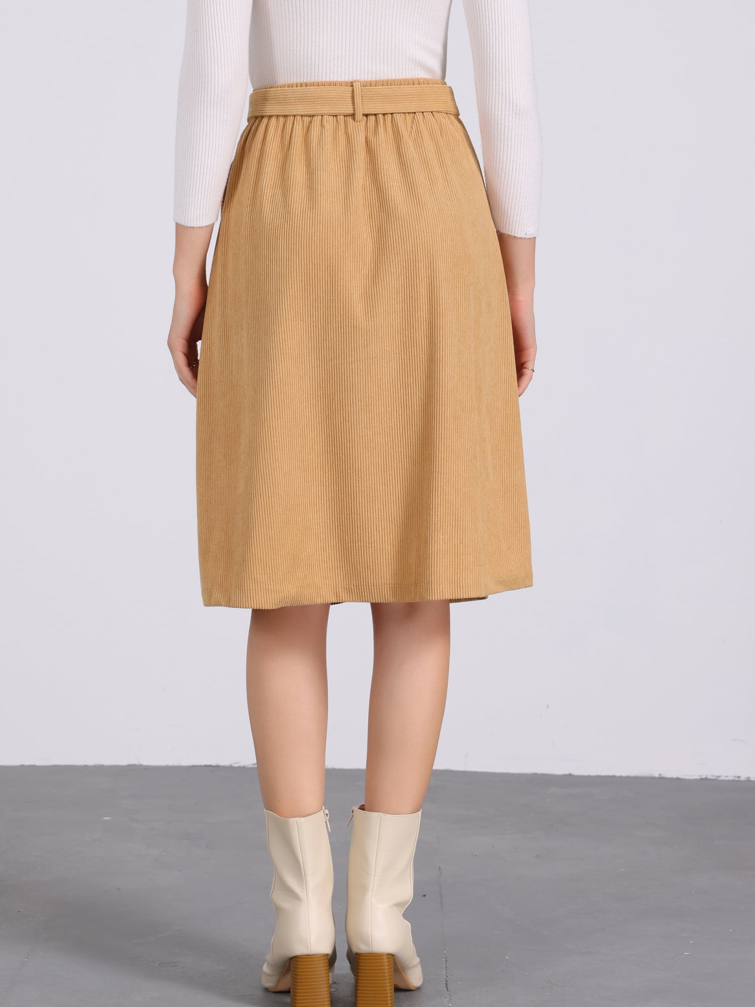 DARING DIVA Women's High Waist Button Front A-Line Belted Corduroy Skirt M Camel