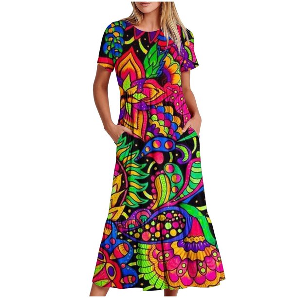 Puntoco Vestido Midi De Manga Corta Con Cuello Redondo Y Estampado A La Moda Para Mujer, Vestido Con Dos Bolsillos En Capas, Rojo, Xxl,Regalos Para Mujer Joven