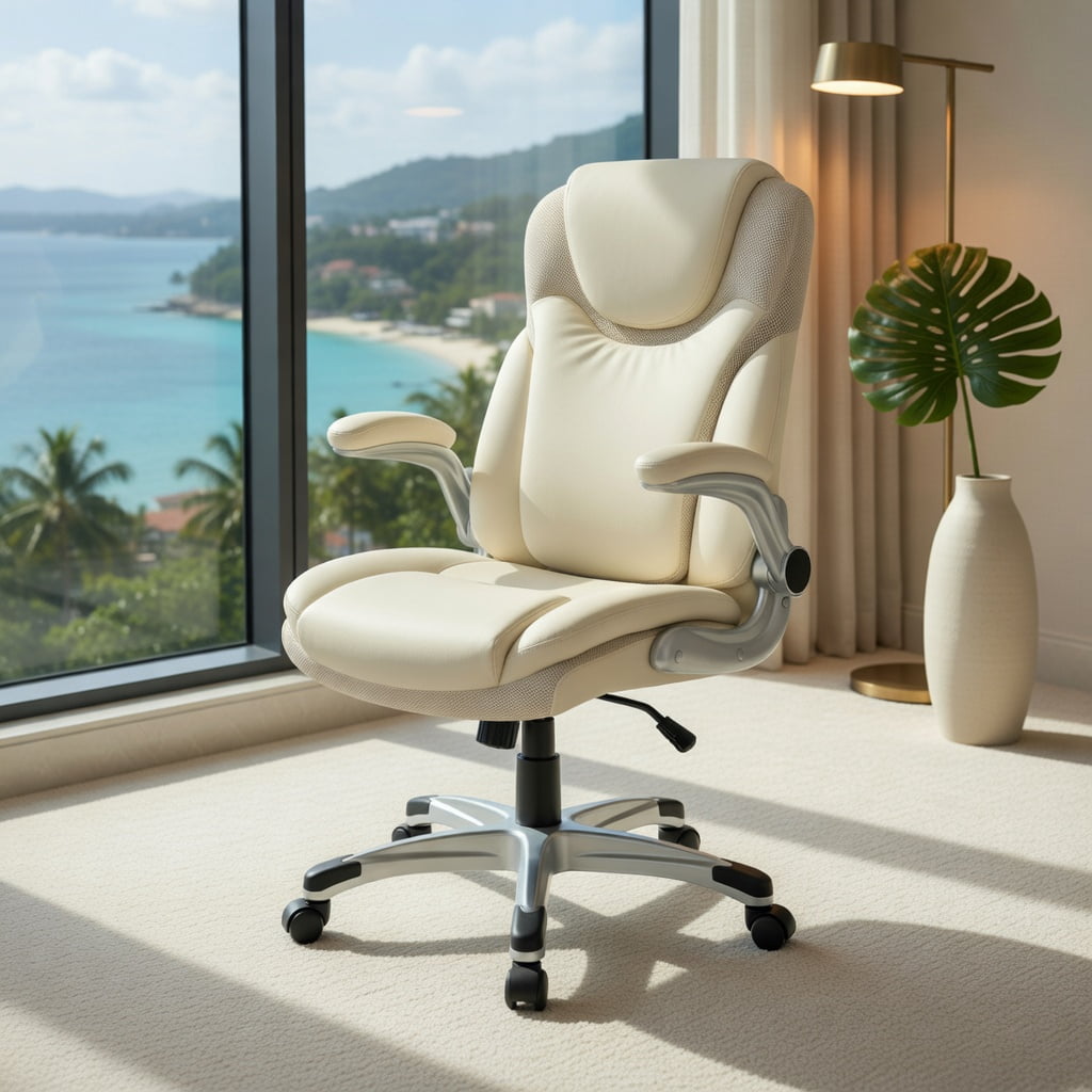 Demi Bonn Ergonomic Office PU Leather Executive Chair with Flip-up Armrests and Rocking Function, for Home, Bedroom, Study, White