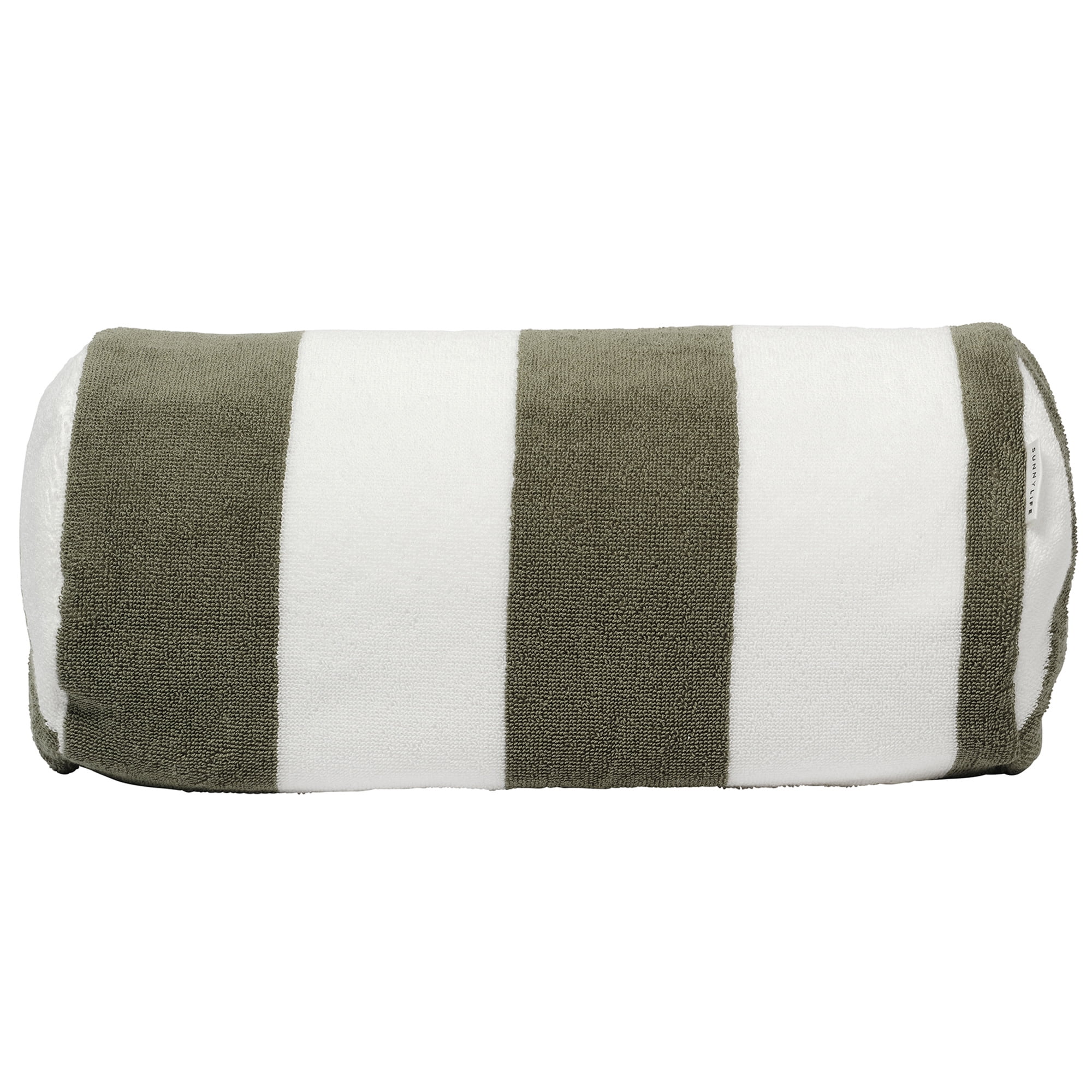 Sunnylife: Inflatable Beach Pillow - The Vacay Olive Stripe - 14x6" Cylinder Neck Pillow, 450gsm Terry Toweling Removable Cover, Pool-Sand-Outdoor
