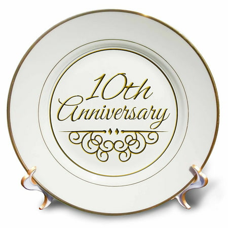 3dRose 10th Anniversary gift - gold text for celebrating wedding anniversaries 10 tenth ten years together, Porcelain Plate,